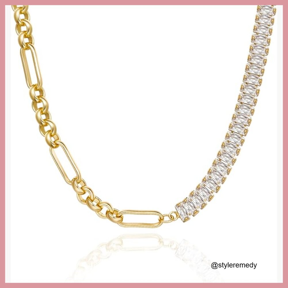 14K Gold Plated Cubic Zirconia Tennis Chain Necklace with Lobster Clasp